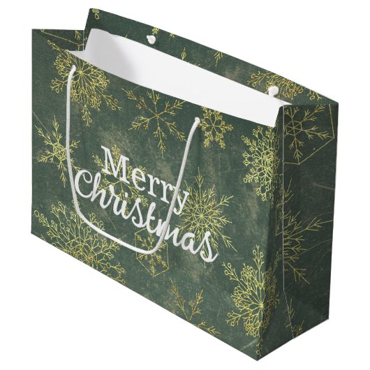 Elegant Gold Sage Green Snowflakes Merry Kerstry Groot Cadeauzakje (Voorkant Gekanteld)