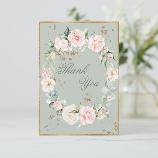 Elegant Gold Sage Green Waterverf Floral Wedding Bedankkaart (Staand voorkant)
