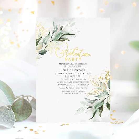 Elegant Gold Sage Greenery Boho Graduation Party Folie Uitnodiging