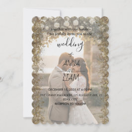 Elegant Gold Scalloped Photo Wedding Invitation Kaart