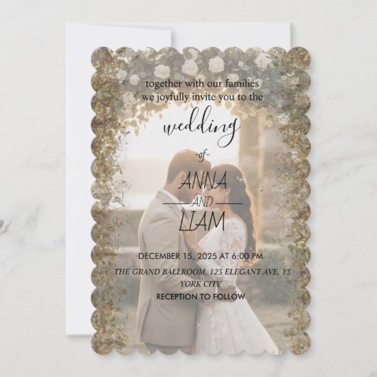Elegant Gold Scalloped Photo Wedding Invitation Kaart (Voorkant)