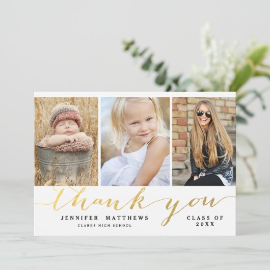 Elegant Gold Script 3 Foto Afstuderen Bedankt Aankondiging (Staand voorkant)