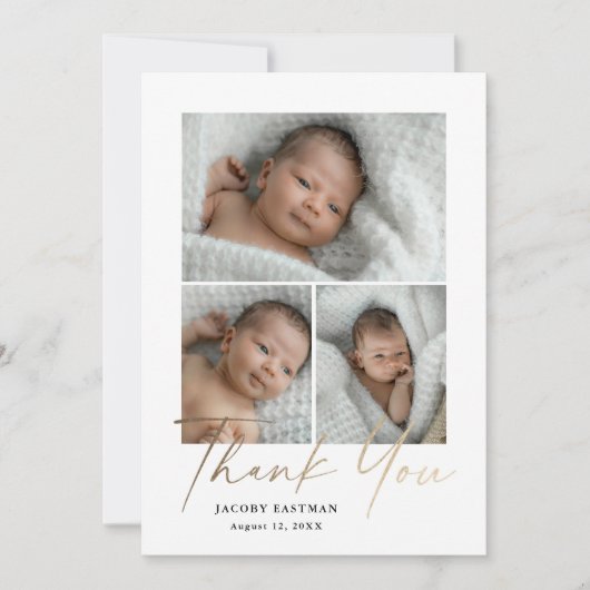 Elegant Gold Script 3 Foto Baby Bedankkaart (Voorkant)