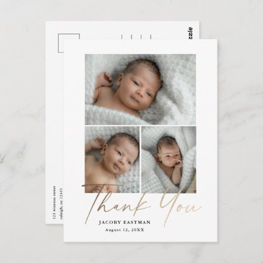 Elegant Gold Script 3 Foto Baby Hartelijk dank Briefkaart (Voorkant / Achterkant)