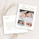 Elegant Gold Script 3 Foto Baby Hartelijk dank Briefkaart<br><div class="desc">Elegant Gold Script 3 Photo Baby Thank You Briefkaart bevat drie foto's van de nieuwe baby,  samen met elegante scriptkalligrafie en alle statistieken van baby's. De achterkant heeft veel ruimte voor je dan je opmerkt.</div>