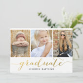 Elegant Gold Script 3 Foto Graduparty Kaart (Staand voorkant)