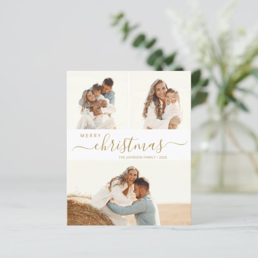 Elegant Gold Script 3-fotokerstfeestkaart (Staand voorkant)