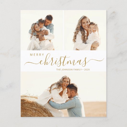 Elegant Gold Script 3-fotokerstfeestkaart (Voorkant)