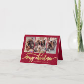 Elegant Gold Script 3 Photo Collage Red Christmas Feestdagen Kaart (Voorkant)