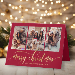 Elegant Gold Script 3 Photo Collage Red Christmas Feestdagen Kaart