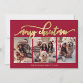 Elegant Gold Script 3 Photo Collage Red Christmas Feestdagenkaart (Voorkant)