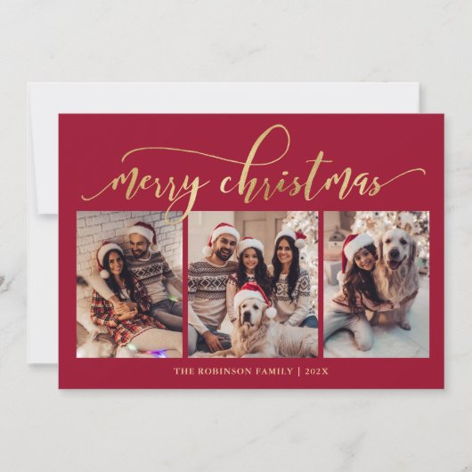 Elegant Gold Script 3 Photo Collage Red Christmas Feestdagenkaart (Voorkant)