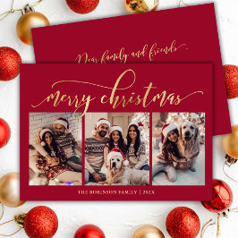 Elegant Gold Script 3 Photo Collage Red Christmas Feestdagenkaart