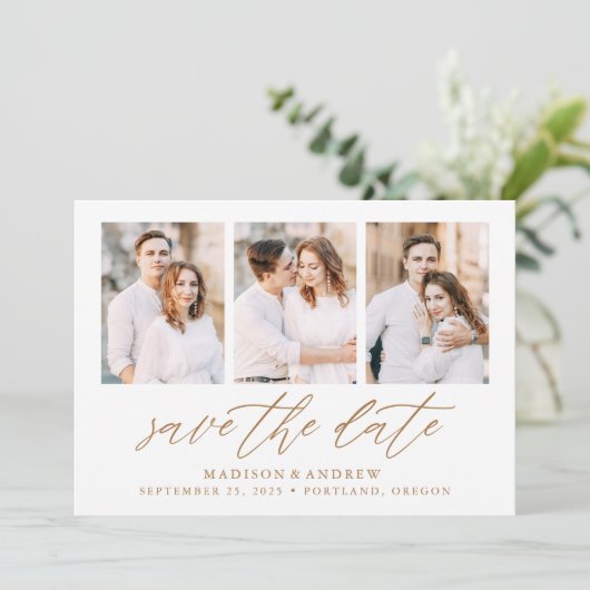 Elegant Gold Script 3 Photo Collage Save The Date (Staand voorkant)