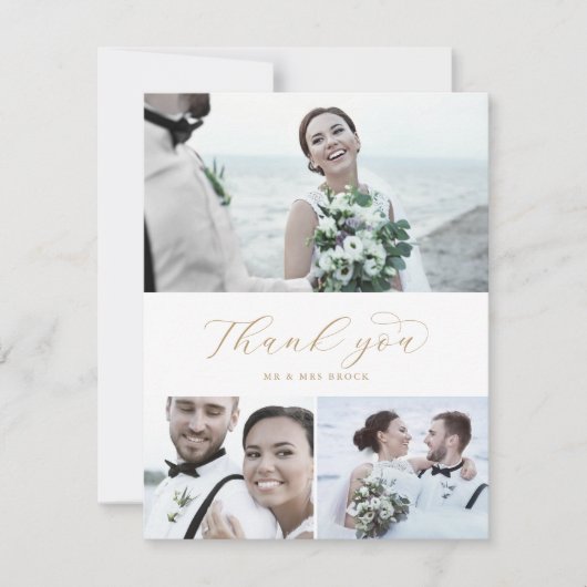 Elegant Gold Script 3 Photo Collage Wedding Bedankkaart (Voorkant)