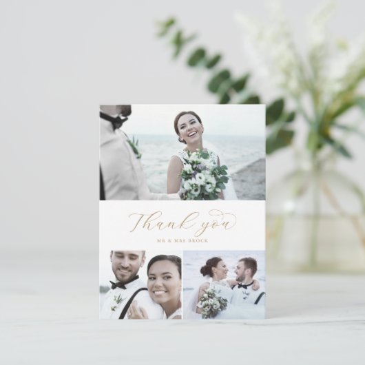 Elegant Gold Script 3 Photo Collage Wedding Bedankkaart (Staand voorkant)