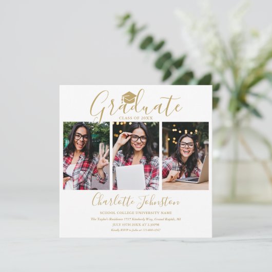 Elegant Gold Script 4 Foto Graduparty Kaart (Staand voorkant)