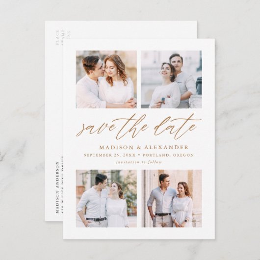 Elegant Gold Script 4 Fotocollage bewaart de datum Aankondigingskaart (Voorkant / Achterkant)