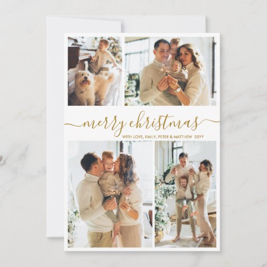 Elegant Gold Script 4 Photo Collage Christmas Feestdagenkaart (Voorkant)
