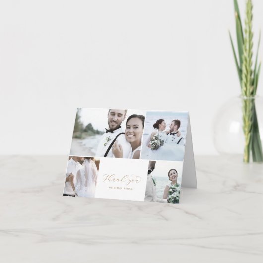 Elegant Gold Script 4 Photo Collage Folded Wedding Bedankkaart (Voorkant)