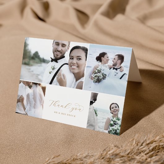 Elegant Gold Script 4 Photo Collage Folded Wedding Bedankkaart
