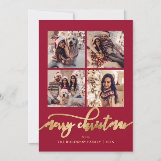 Elegant Gold Script 4 Photo Collage Red Christmas  Feestdagenkaart (Voorkant)