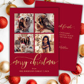 Elegant Gold Script 4 Photo Collage Red Christmas  Feestdagenkaart