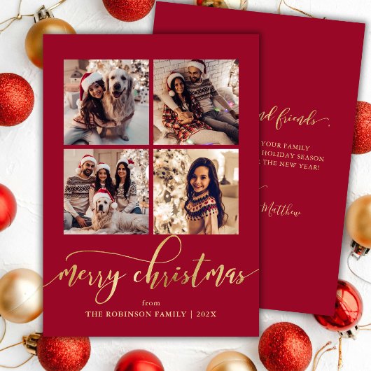 Elegant Gold Script 4 Photo Collage Red Christmas  Feestdagenkaart