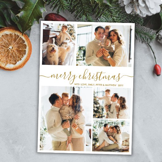 Elegant Gold Script 5 Fotocollage Kerstmis Feestdagenkaart