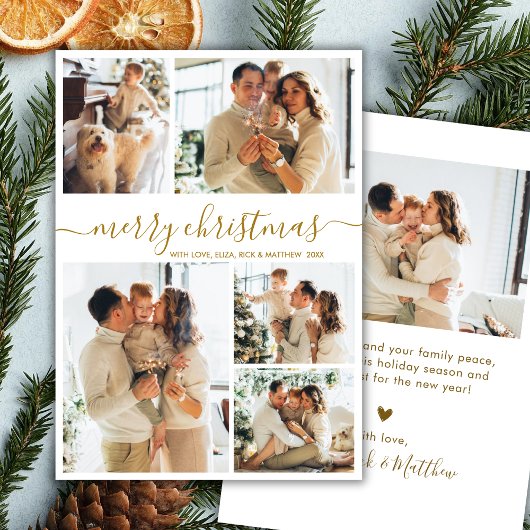 Elegant Gold Script 5 Photo Collage Christmas Feestdagenkaart