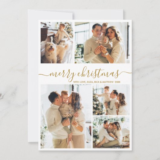 Elegant Gold Script 5 Photo Collage Christmas Feestdagenkaart (Voorkant)