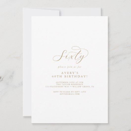 Elegant Gold Script 60th Birthday Party Invitation Kaart (Voorkant)