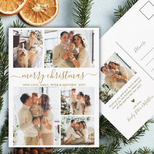 Elegant Gold Script 6 Photo Collage Christmas Briefkaart