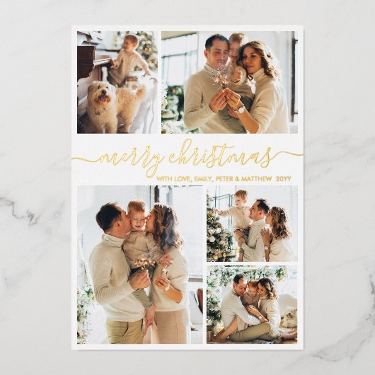 Elegant Gold Script 6 Photo Collage Christmas Real Folie Feestdagenkaart (Voorkant)
