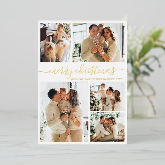Elegant Gold Script 6 Photo Collage Christmas Real Folie Feestdagenkaart (Staand Voorkant)