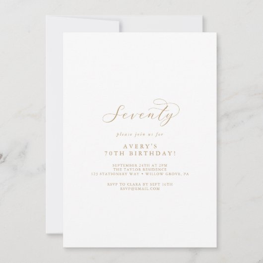 Elegant Gold Script 70th Birthday Party Invitation Kaart (Voorkant)