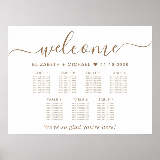 Elegant Gold Script 7 Tafel Trouwstoel Grafiek Poster (Voorkant)