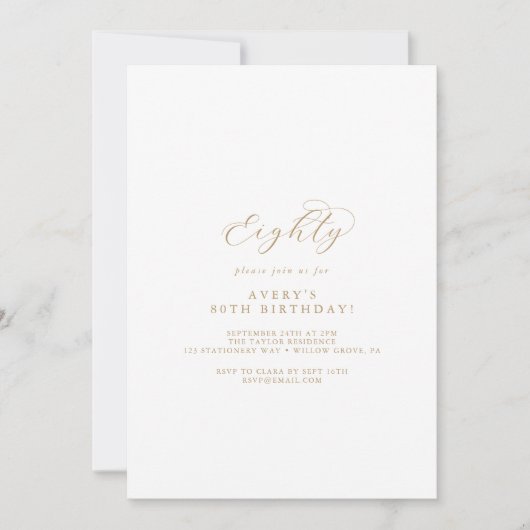 Elegant Gold Script 80th Birthday Party Invitation Kaart (Voorkant)