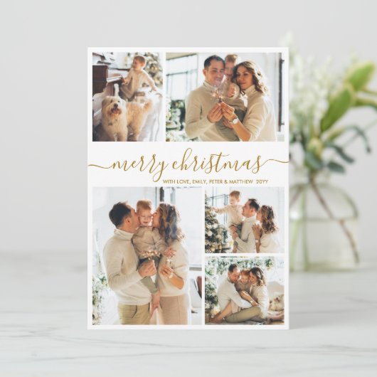 Elegant Gold Script 8 Photo Collage Christmas  Feestdagenkaart (Staand voorkant)