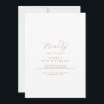 Elegant Gold Script 90th Birthday Party Invitation Kaart<br><div class="desc">Deze elegante gouden manuscript 90th de uitnodiging van de verjaardagspartij is perfect voor een eenvoudig verjaardagsfeest. Het minimalistische goud- en witte design is uitgerust met fancy romantische typografie met moderne glazen stijl. in elke kleur. Houd het ontwerp minimaal en vaag, zoals het is, of pas het aan door uw eigen...</div>
