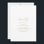 Elegant Gold Script 90th Birthday Party Invitation Kaart<br><div class="desc">Deze elegante gouden manuscript 90th de uitnodiging van de verjaardagspartij is perfect voor een eenvoudig verjaardagsfeest. Het minimalistische goud- en witte design is uitgerust met fancy romantische typografie met moderne glazen stijl. in elke kleur. Houd het ontwerp minimaal en vaag, zoals het is, of pas het aan door uw eigen...</div>