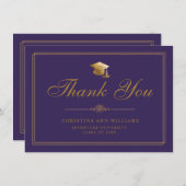 Elegant Gold Script Afstudeerder Pet Paars Afstude Bedankkaart (Voorkant / Achterkant)