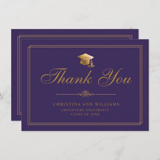 Elegant Gold Script Afstudeerder Pet Paars Afstude Bedankkaart (Voorkant / Achterkant)