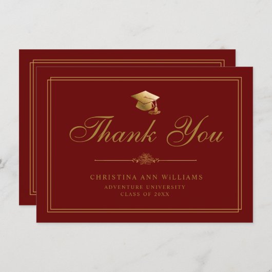 Elegant Gold Script Afstudeerder Pet rood Afstuder Bedankkaart (Voorkant / Achterkant)
