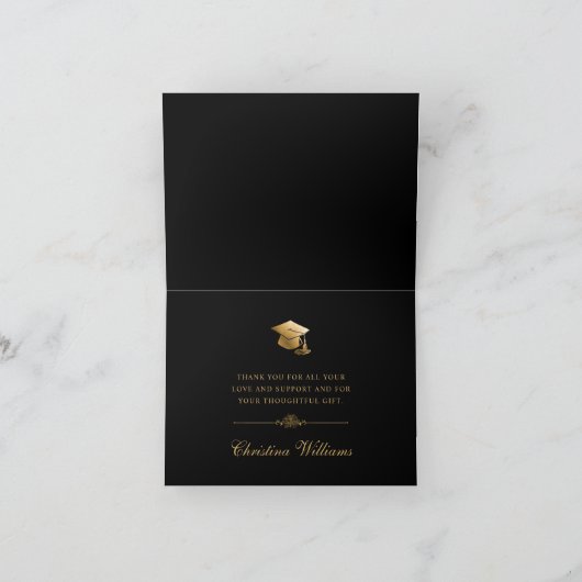 Elegant Gold Script Afstudeerder Pet Zwart Afstude Bedankkaart (Binnen)