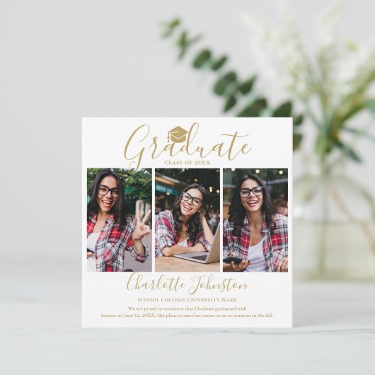 Elegant Gold Script Afstuderen 4 foto-Afstuderen Aankondiging (Staand voorkant)