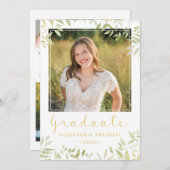 Elegant Gold Script Afstuderen Greenery 5 Foto Aankondiging (Voorkant / Achterkant)