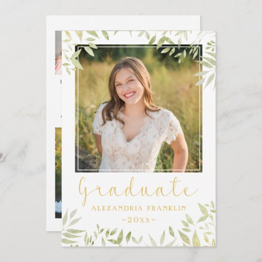Elegant Gold Script Afstuderen Greenery 5 Foto Aankondiging (Voorkant / Achterkant)