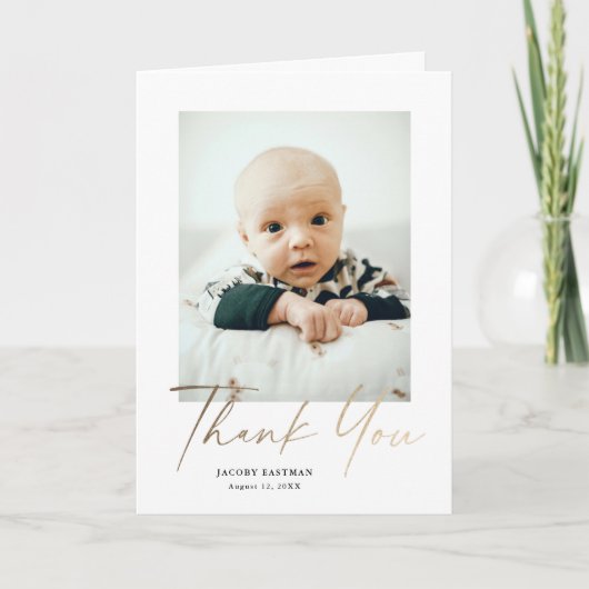 Elegant Gold Script Baby Foto Bedankkaart (Voorkant)