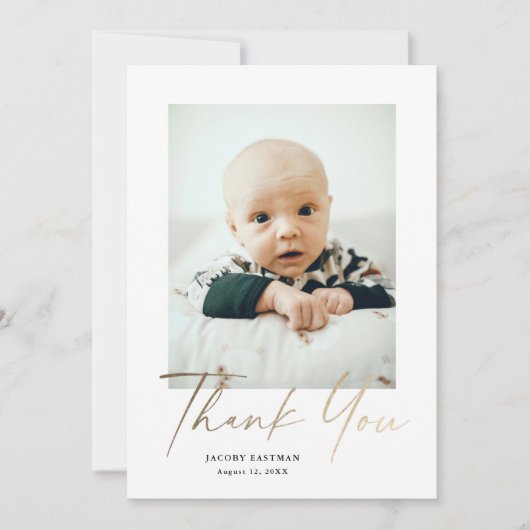 Elegant Gold Script Baby Foto Bedankkaart (Voorkant)